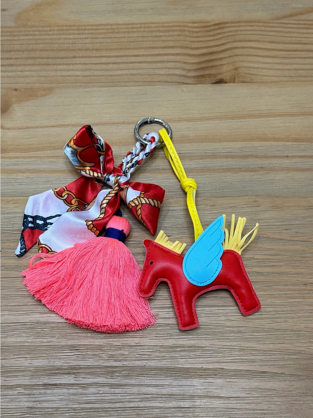 Red Leather Pony Keychain/ Bag Charm with Blue Wing and Pink Tassel